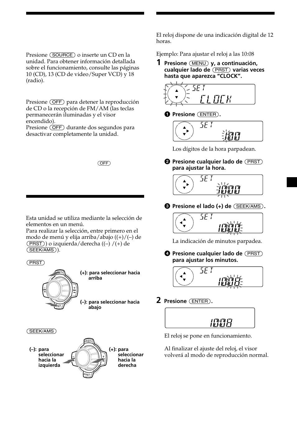 9activación/desactivación de la unidad, Cómo utilizar el menú, Ajuste del reloj | Sony CDX-V7800X User Manual | Page 37 / 58