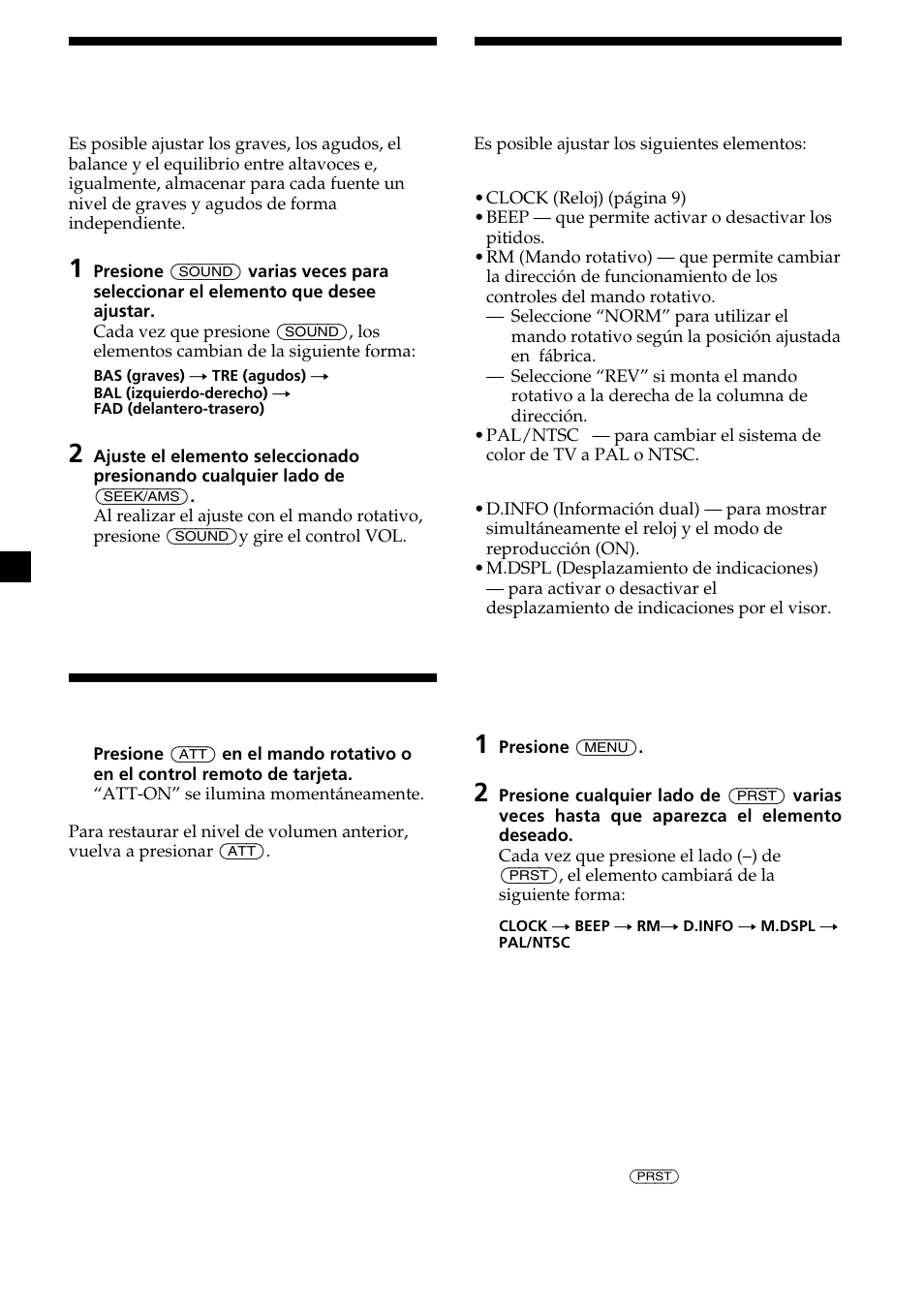 22 ajuste de las características de sonido, Atenuación del sonido, Cambio de los ajustes de sonido y visualización | Sony CDX-V7800X User Manual | Page 50 / 58