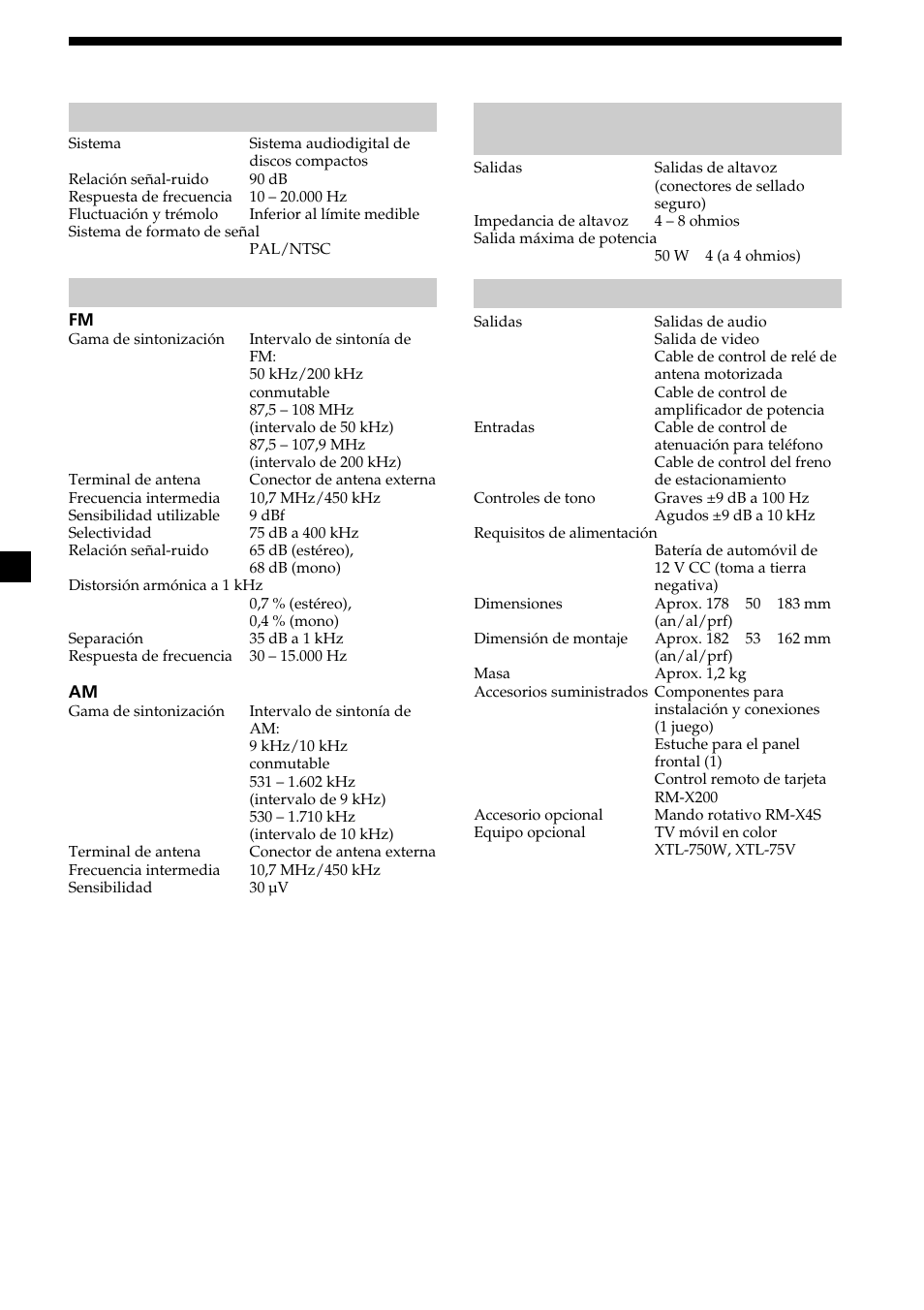 26 especificaciones, Sección del reproductor de cd, Sección del sintonizador | Sección del amplificador de potencia, Generales | Sony CDX-V7800X User Manual | Page 54 / 58