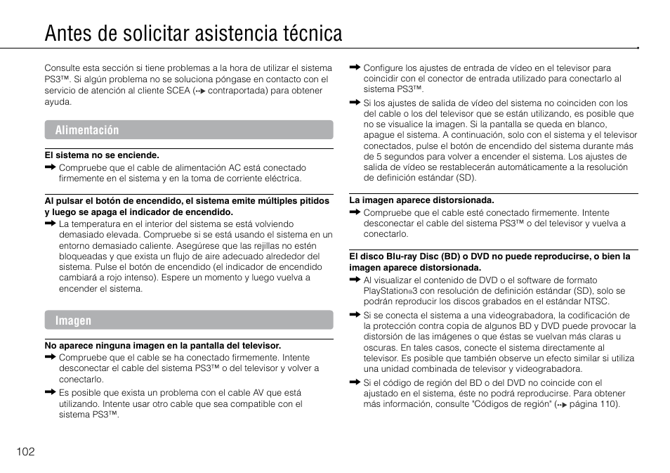 Antes.de.solicitar.asistencia.técnica, Antes de solicitar asistencia técnica, Alimentación | Imagen | Sony 320 GB Playstation 3 CECH-2501B User Manual | Page 102 / 120