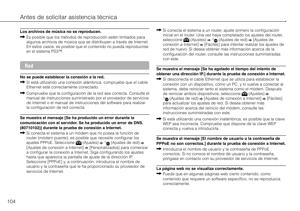 Antes de solicitar asistencia técnica | Sony 320 GB Playstation 3 CECH-2501B User Manual | Page 104 / 120