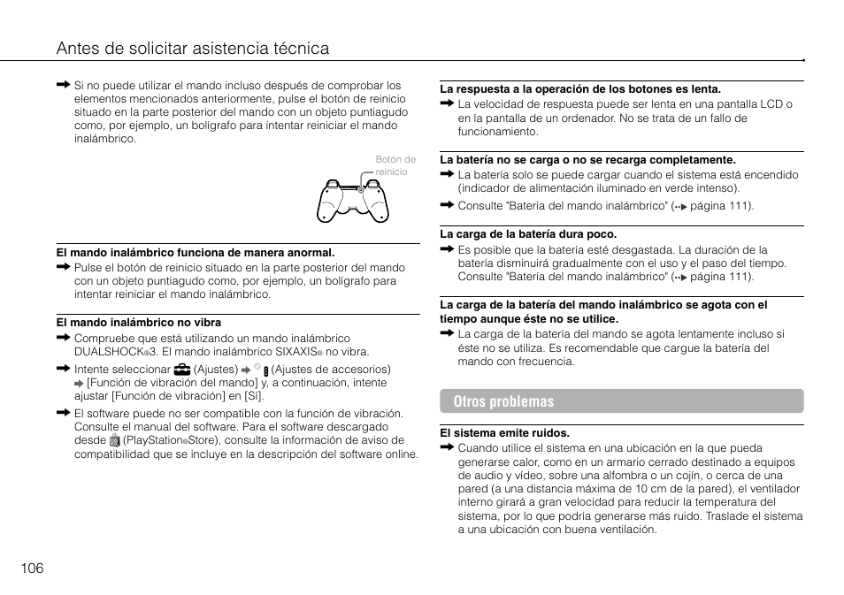 Antes de solicitar asistencia técnica, Otros problemas | Sony 320 GB Playstation 3 CECH-2501B User Manual | Page 106 / 120