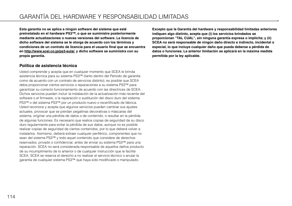 Garantía del hardware y responsabilidad limitadas | Sony 320 GB Playstation 3 CECH-2501B User Manual | Page 114 / 120