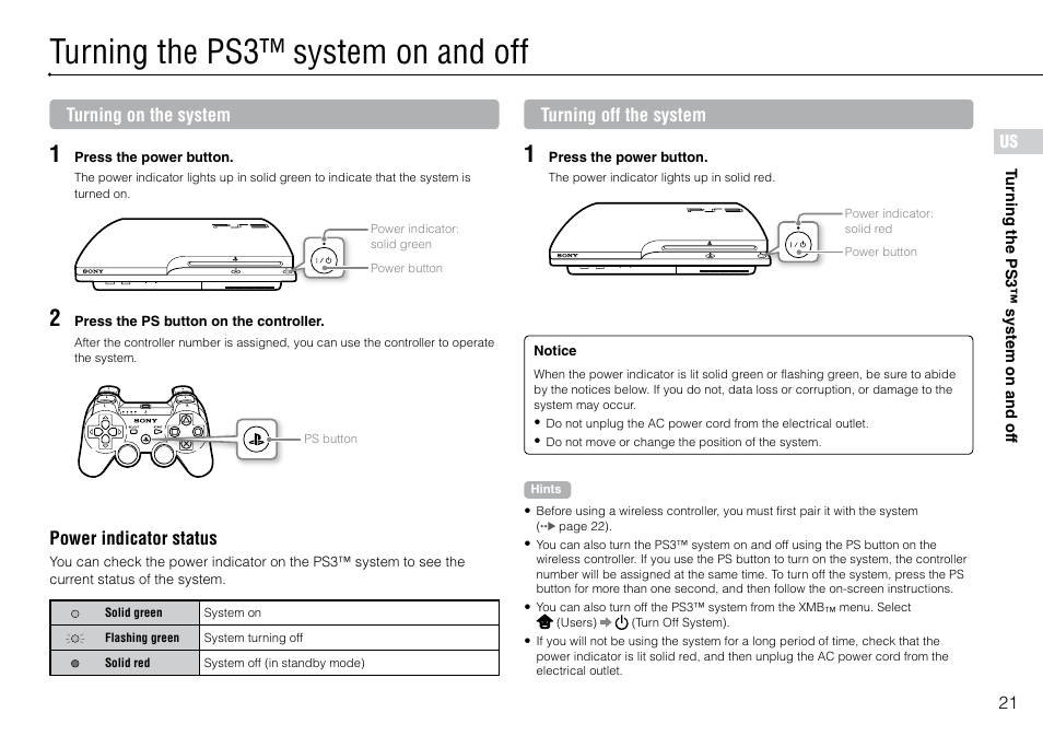 Turning the ps3™ system on and off | Sony 320 GB Playstation 3 CECH-2501B User Manual | Page 21 / 120