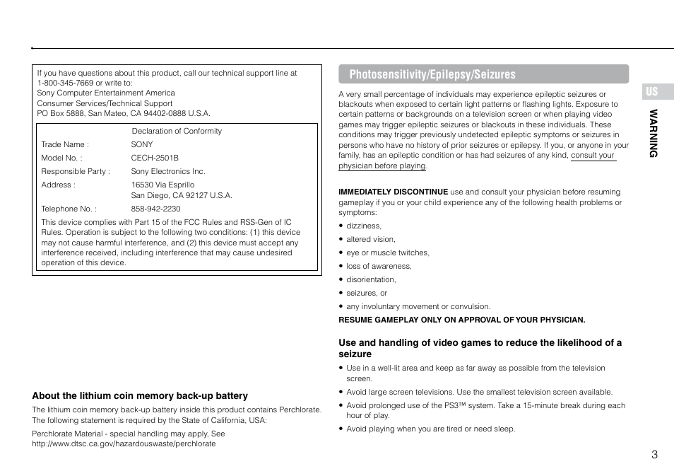 Photosensitivity/epilepsy/seizures | Sony 320 GB Playstation 3 CECH-2501B User Manual | Page 3 / 120