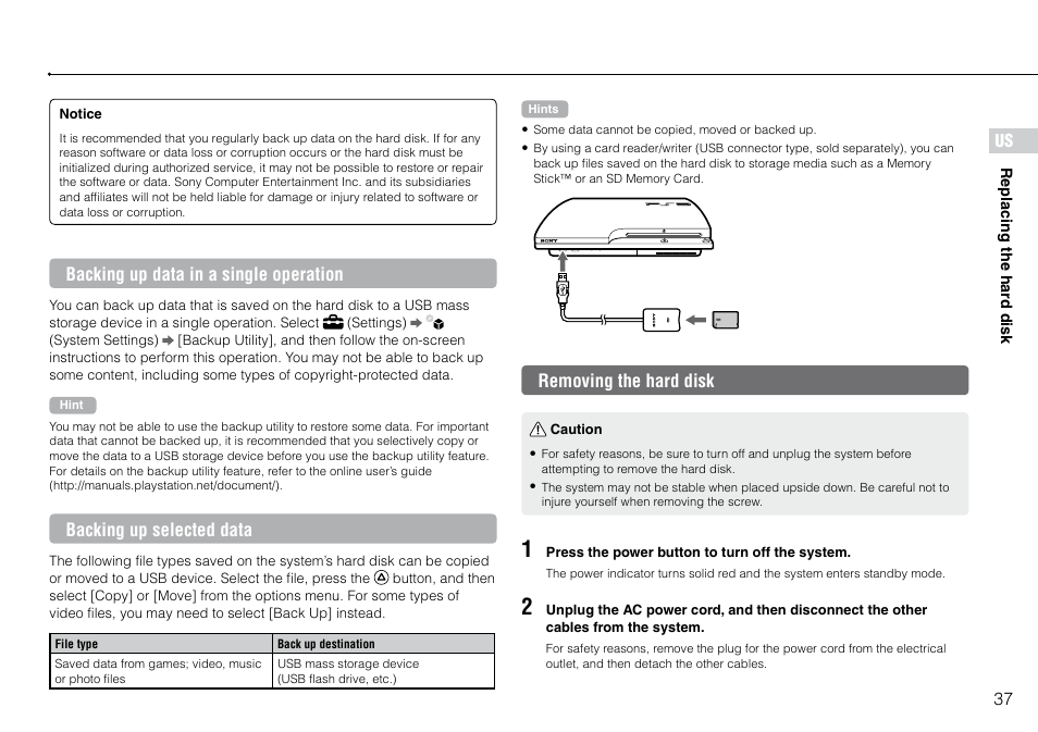 Removing the hard disk, Backing up data in a single operation, Backing up selected data | Sony 320 GB Playstation 3 CECH-2501B User Manual | Page 37 / 120