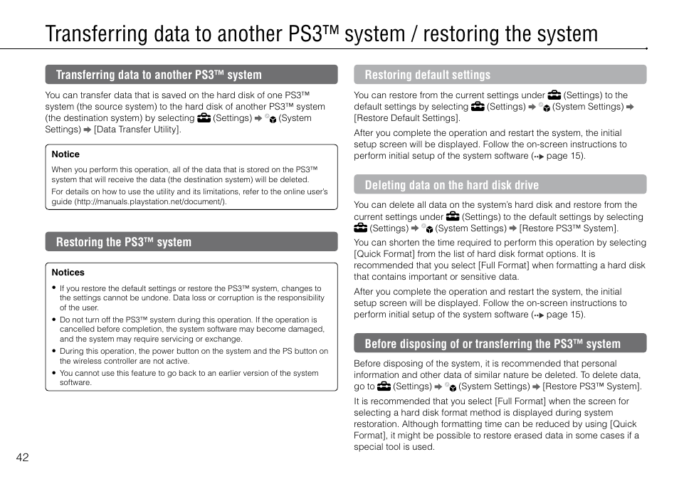 Transferring data to another ps3™ system, Restoring the ps3™ system | Sony 320 GB Playstation 3 CECH-2501B User Manual | Page 42 / 120