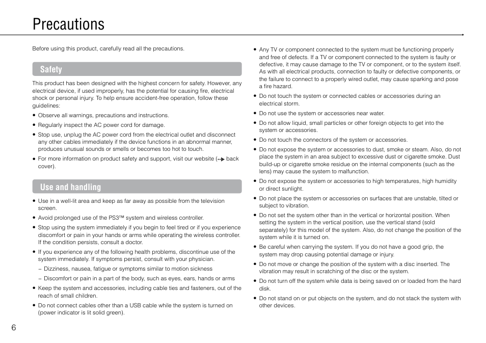 Precautions, Safety, Use and handling | Sony 320 GB Playstation 3 CECH-2501B User Manual | Page 6 / 120