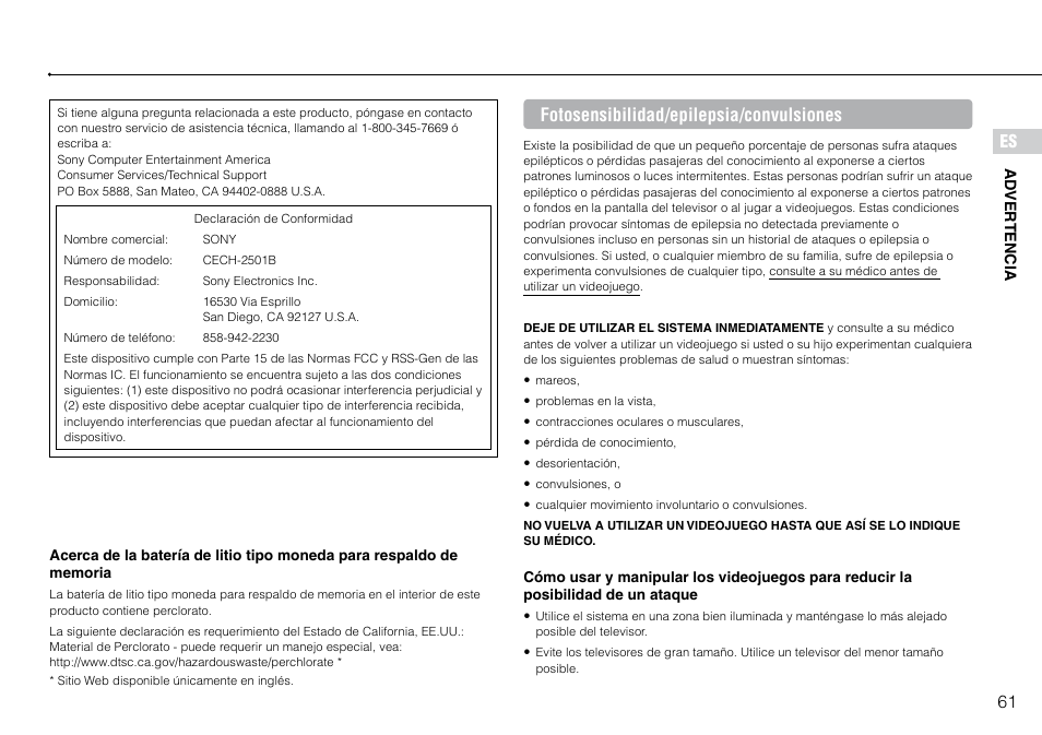 61 es, Fotosensibilidad/epilepsia/convulsiones | Sony 320 GB Playstation 3 CECH-2501B User Manual | Page 61 / 120