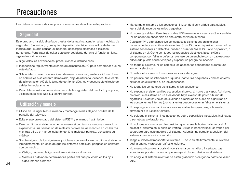 Precauciones, Seguridad, Utilización y manejo | Sony 320 GB Playstation 3 CECH-2501B User Manual | Page 64 / 120