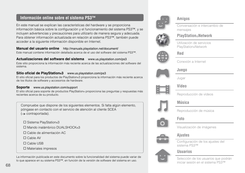 Información.online.sobre.el.sistema.ps3, 68 información online sobre el sistema ps3, Amigos | Playstation, Network, Juego, Vídeo, Música, Foto, Ajustes | Sony 320 GB Playstation 3 CECH-2501B User Manual | Page 68 / 120