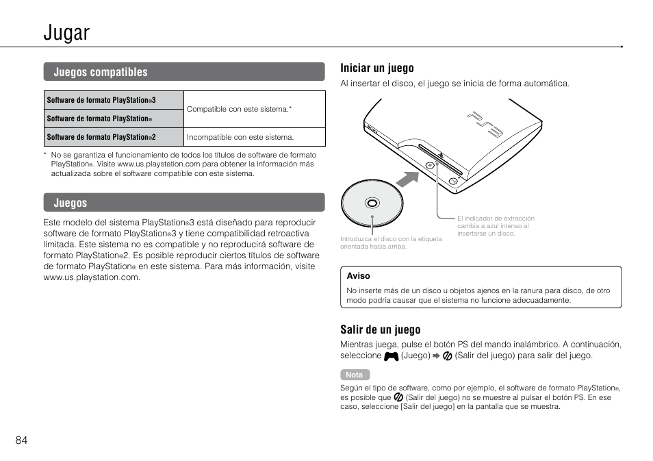 Jugar, Juegos.compatibles, Juegos | Juegos compatibles, Iniciar un juego, Salir de un juego | Sony 320 GB Playstation 3 CECH-2501B User Manual | Page 84 / 120