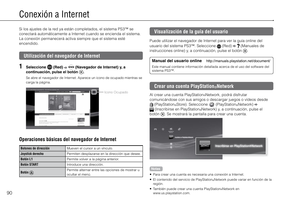 Conexión.a.internet, Utilización.del.navegador.de.internet, Visualización.de.la.guía.del.usuario | Crear.una.cuenta.playstation, Network, Conexión a internet, Utilización del navegador de internet, Operaciones básicas del navegador de internet, Visualización de la guía del usuario, Crear una cuenta playstation | Sony 320 GB Playstation 3 CECH-2501B User Manual | Page 90 / 120