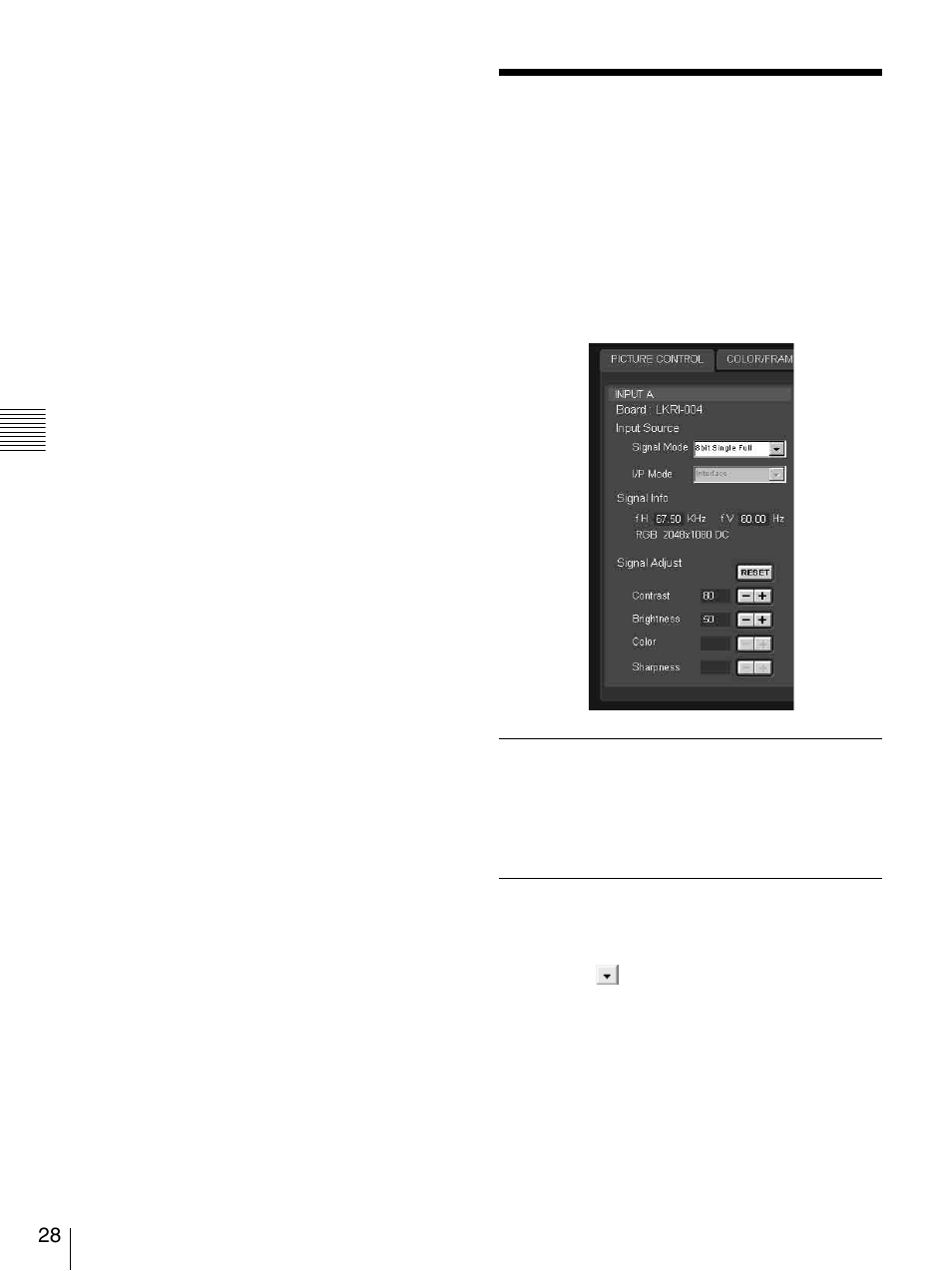 Picture control（ピクチャーコントロール）画面, Board（インプットボード, Input source（入力ソース | Sony SRX-S105 User Manual | Page 28 / 83