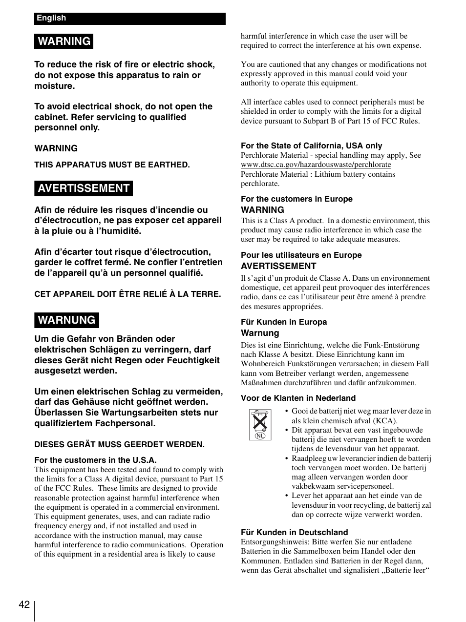 Warning avertissement warnung | Sony SRX-S105 User Manual | Page 42 / 83