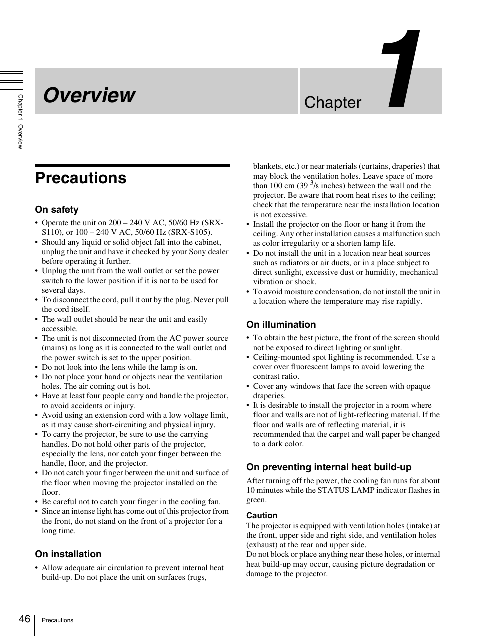 Chapter 1 overview, Precautions, Overview | Chapter | Sony SRX-S105 User Manual | Page 46 / 83