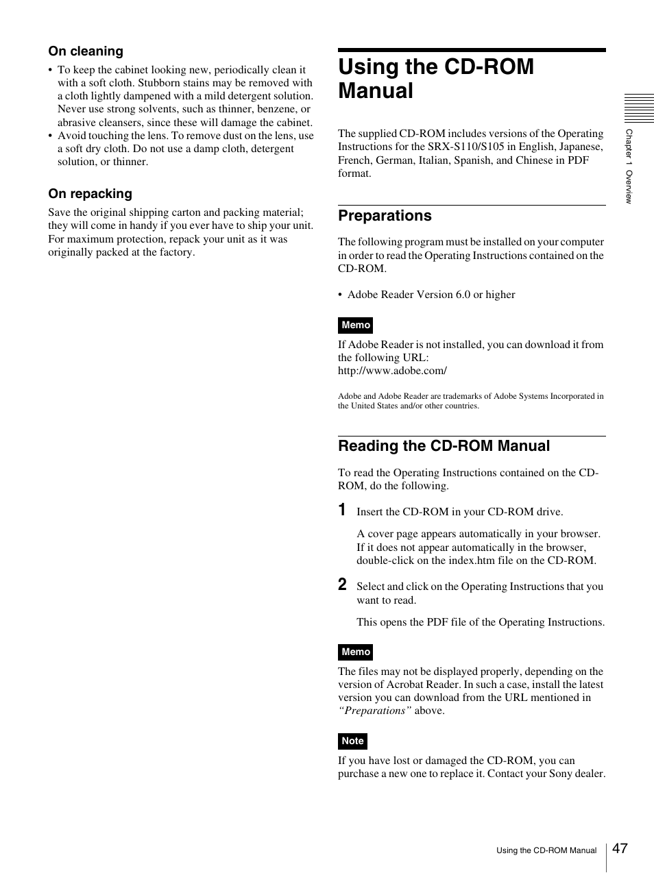 Using the cd-rom manual, Preparations, Reading the cd-rom manual | Preparations reading the cd-rom manual | Sony SRX-S105 User Manual | Page 47 / 83