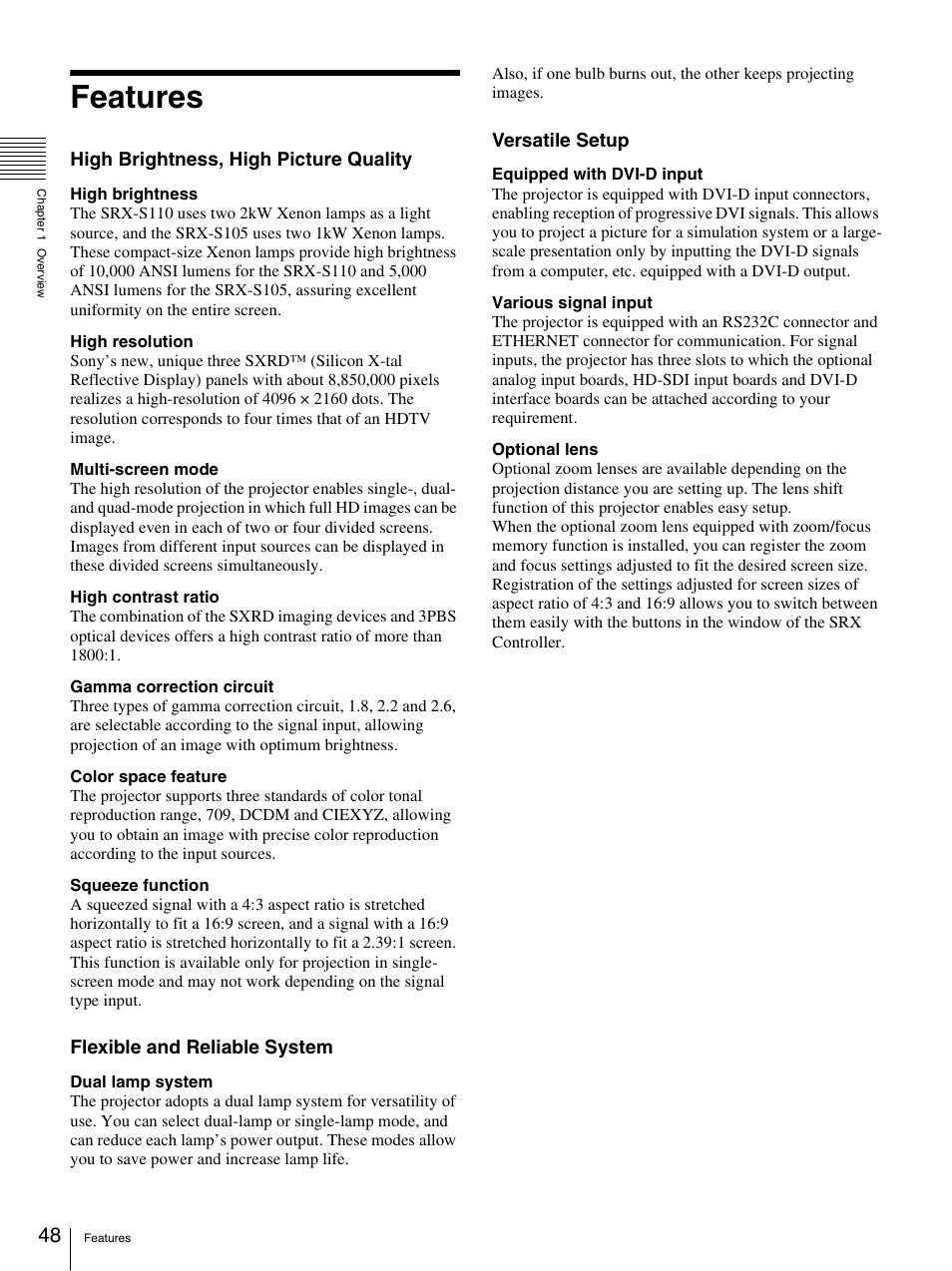 Features, High brightness, high picture quality, Flexible and reliable system | Versatile setup | Sony SRX-S105 User Manual | Page 48 / 83