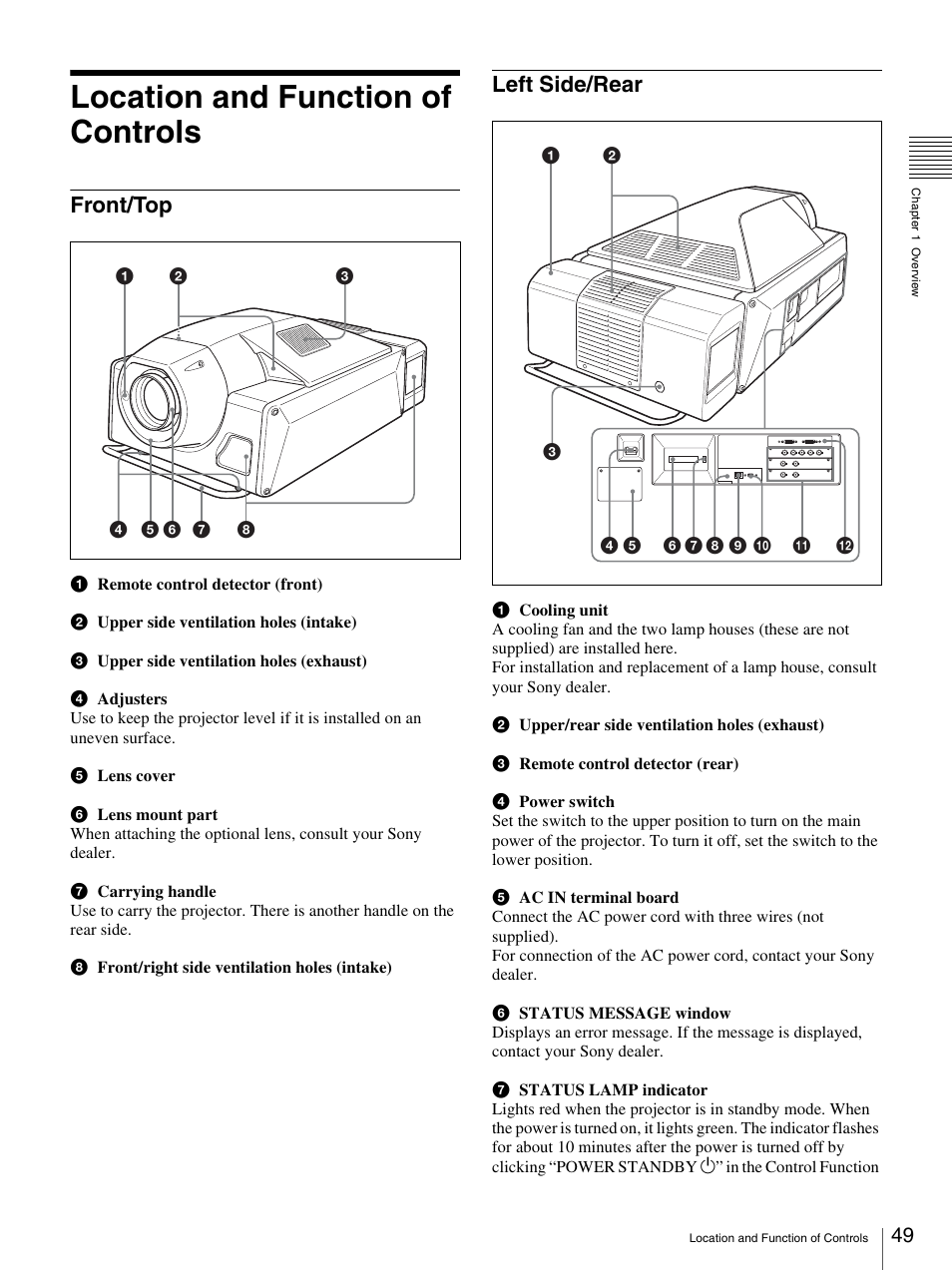 Location and function of controls, Front/top, Left side/rear | Front/top left side/rear | Sony SRX-S105 User Manual | Page 49 / 83