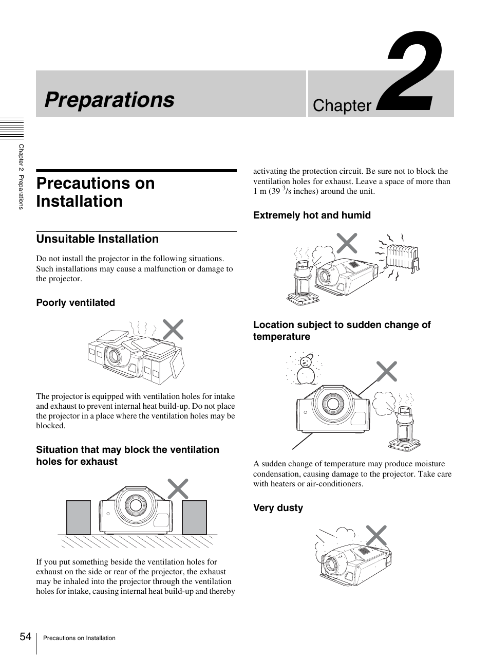 Chapter 2 preparations, Precautions on installation, Unsuitable installation | Preparations, Chapter | Sony SRX-S105 User Manual | Page 54 / 83