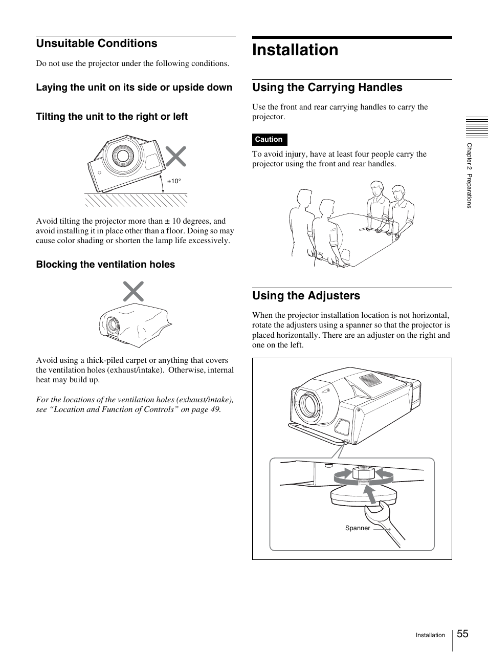 Unsuitable conditions, Installation, Using the carrying handles | Using the adjusters, Using the carrying handles using the adjusters, Blocking the ventilation holes | Sony SRX-S105 User Manual | Page 55 / 83