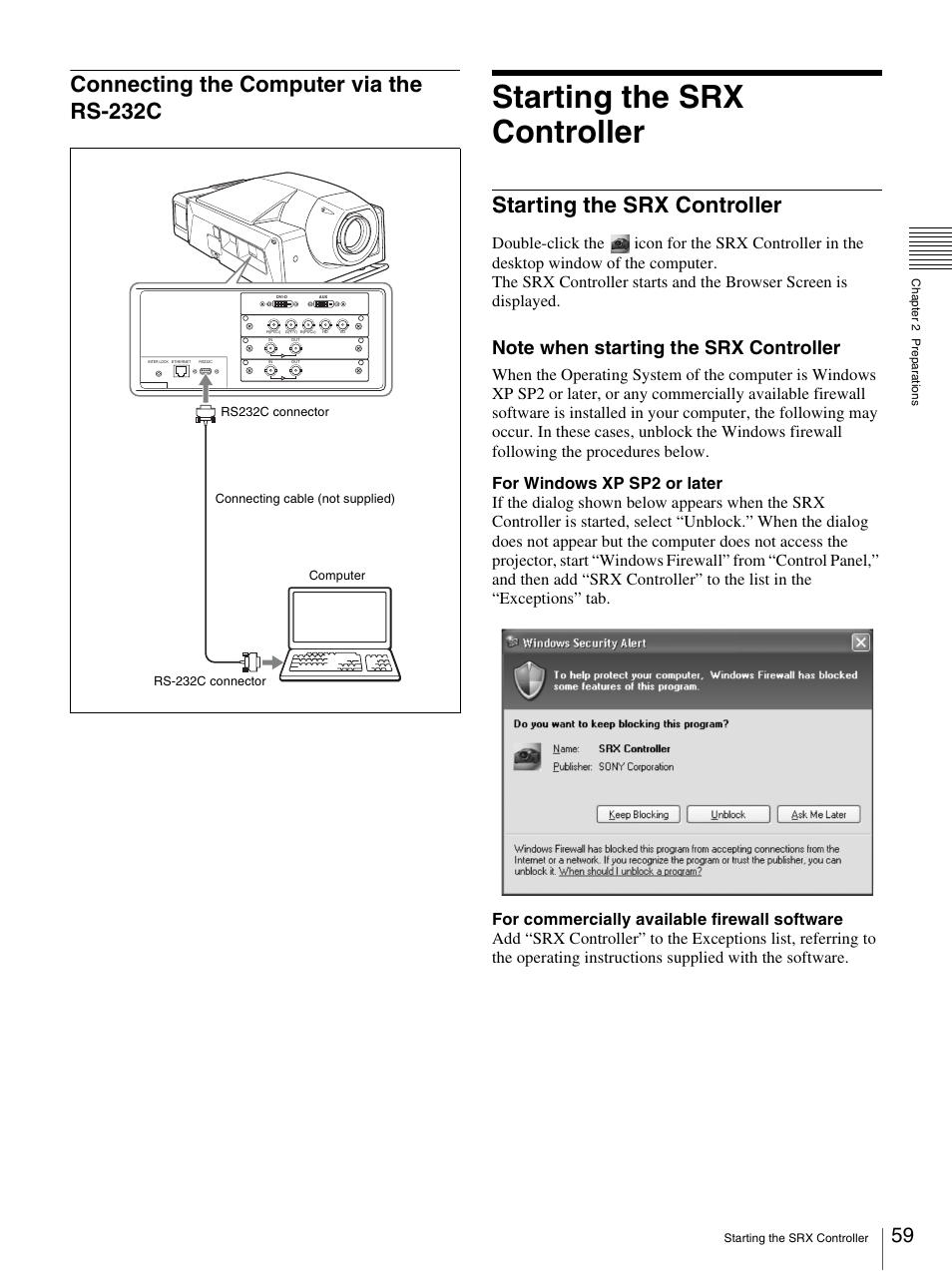 Connecting the computer via the rs-232c, Starting the srx controller | Sony SRX-S105 User Manual | Page 59 / 83