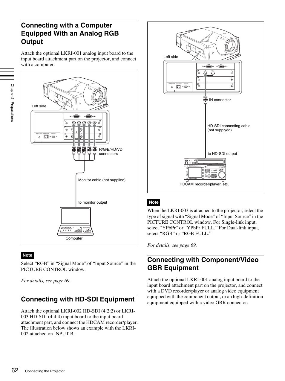 Connecting with hd-sdi equipment, Connecting with component/video gbr equipment, Output | Sony SRX-S105 User Manual | Page 62 / 83