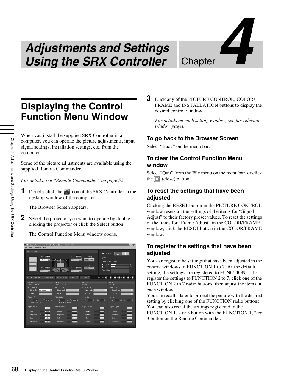 Displaying the control function menu window, Adjustments and settings using the srx controller, Chapter | Sony SRX-S105 User Manual | Page 68 / 83