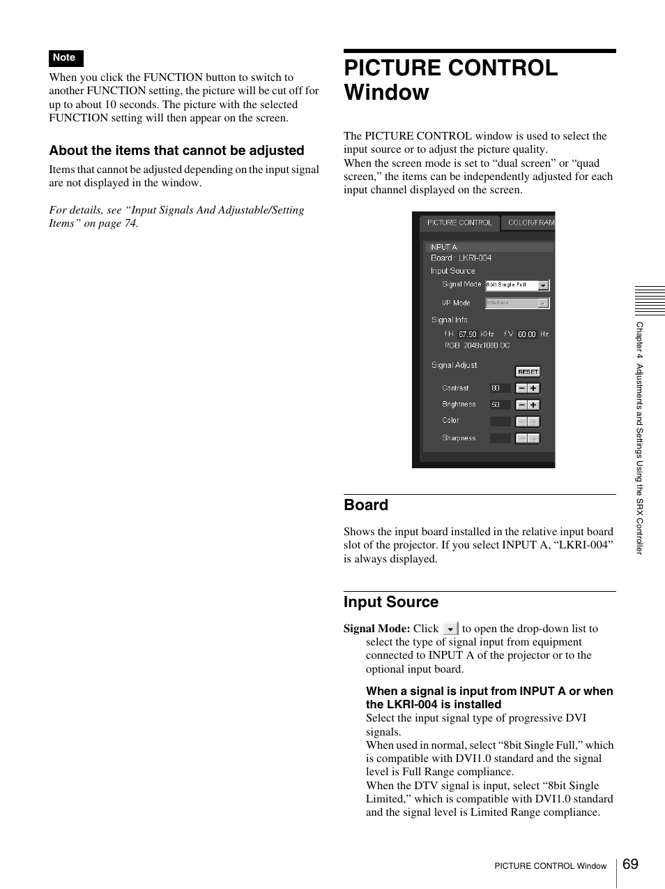 Picture control window, Board, Input source | Board input source, About the items that cannot be adjusted | Sony SRX-S105 User Manual | Page 69 / 83