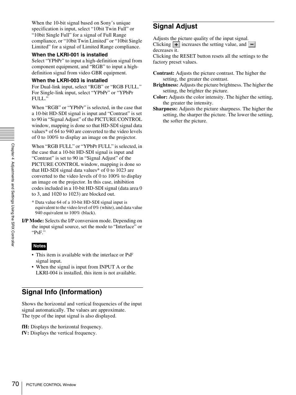 Signal info (information), Signal adjust, Signal info (information) signal adjust | Sony SRX-S105 User Manual | Page 70 / 83