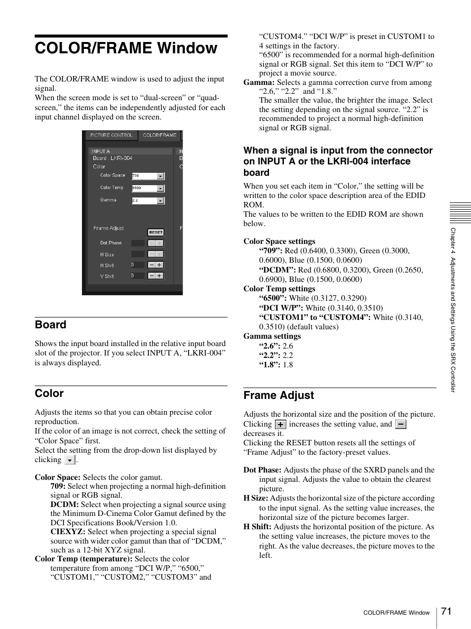 Color/frame window, Board, Color | Frame adjust, Board color frame adjust | Sony SRX-S105 User Manual | Page 71 / 83