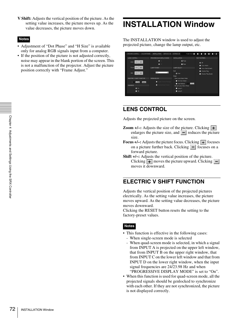 Installation window, Lens control, Electric v shift function | Lens control electric v shift function | Sony SRX-S105 User Manual | Page 72 / 83