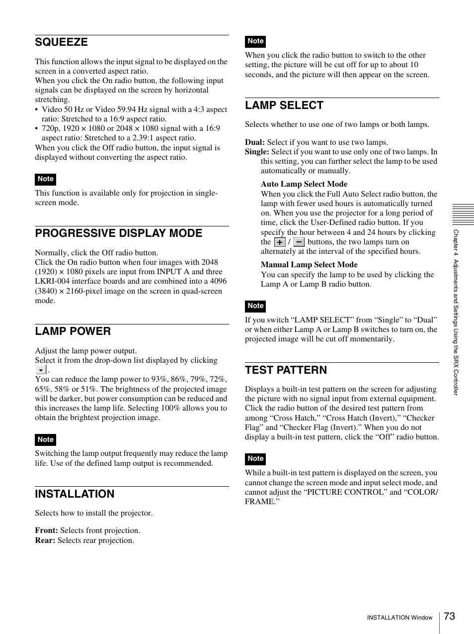 Squeeze, Progressive display mode, Lamp power | Installation, Lamp select, Test pattern | Sony SRX-S105 User Manual | Page 73 / 83