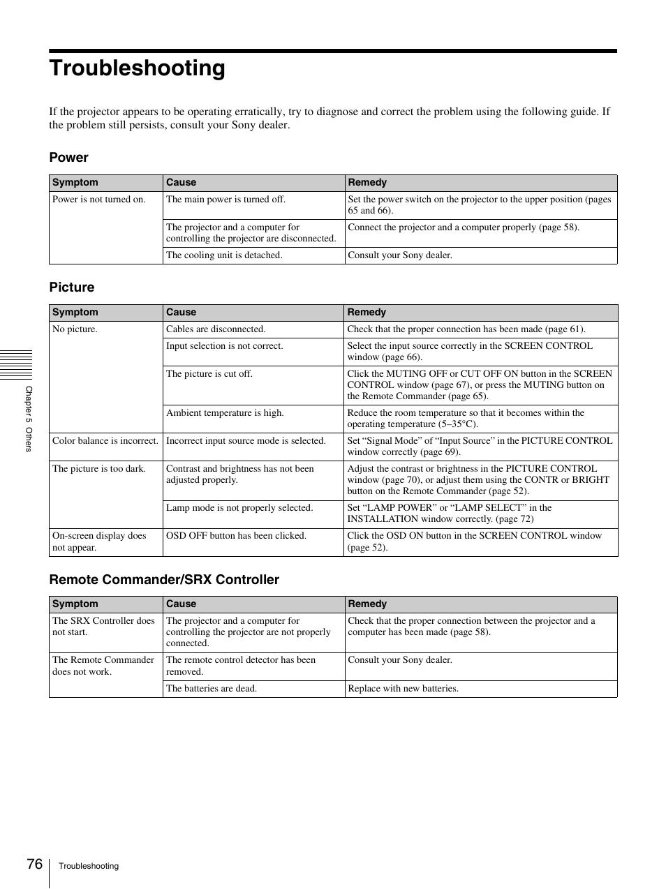 Troubleshooting, Power picture remote commander/srx controller | Sony SRX-S105 User Manual | Page 76 / 83