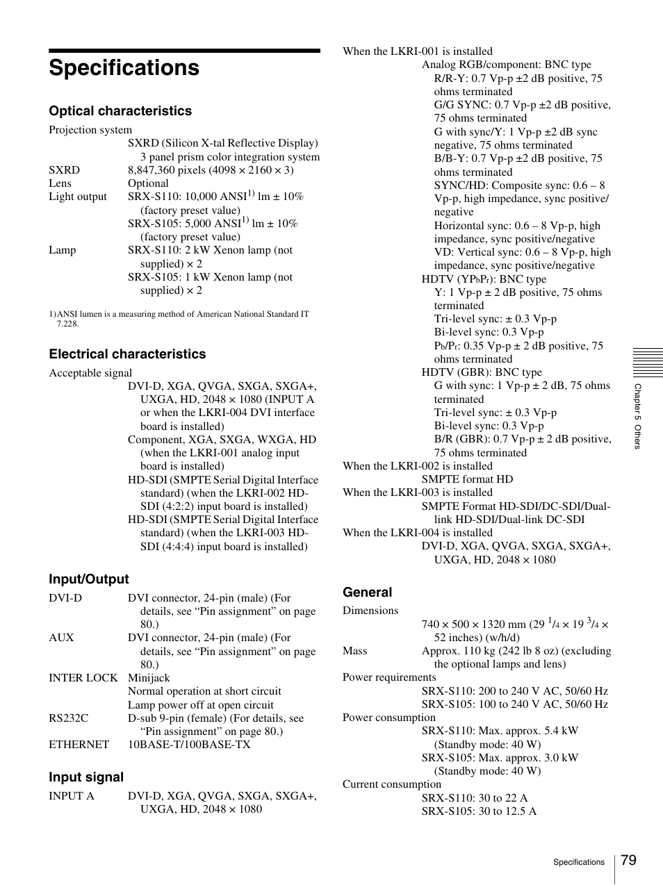 Specifications | Sony SRX-S105 User Manual | Page 79 / 83