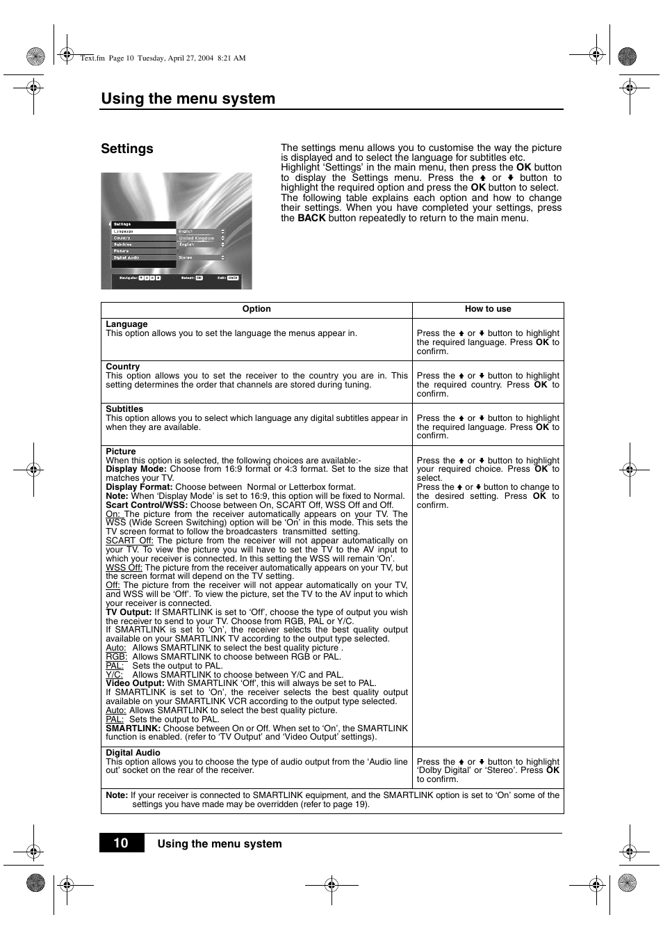 Using the menu system, Settings | Sony VTX-D800U User Manual | Page 12 / 28