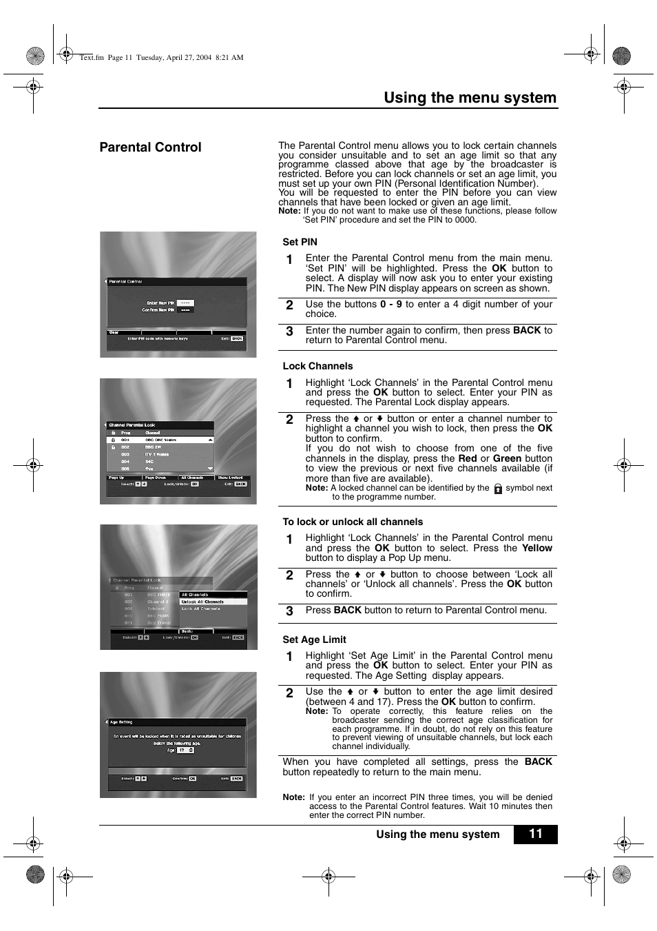 Using the menu system, 11 parental control | Sony VTX-D800U User Manual | Page 13 / 28