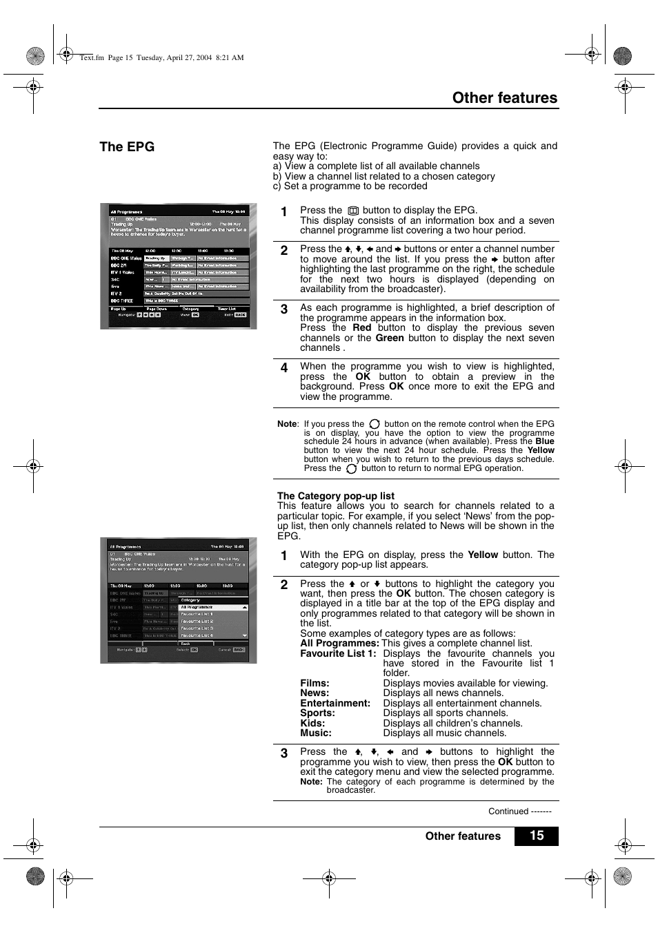 Other features, The epg | Sony VTX-D800U User Manual | Page 17 / 28