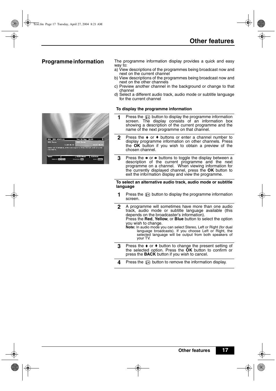 Other features, 17 programme information | Sony VTX-D800U User Manual | Page 19 / 28