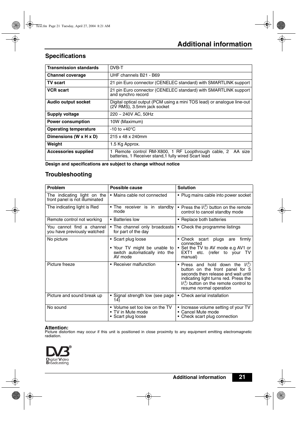 Additional information, 21 specifications troubleshooting | Sony VTX-D800U User Manual | Page 23 / 28