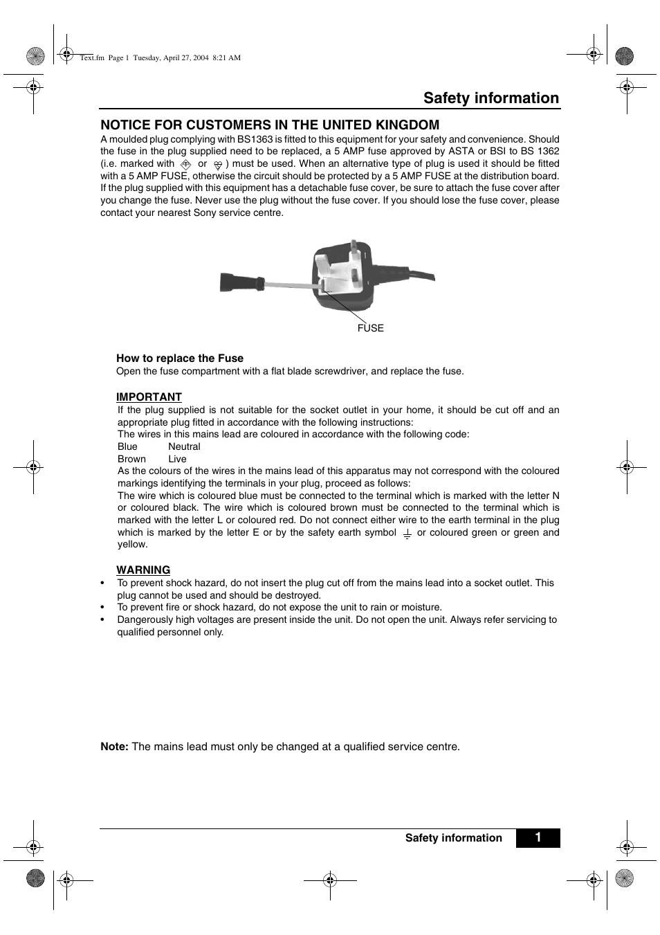 Safety information, 1notice for customers in the united kingdom | Sony VTX-D800U User Manual | Page 3 / 28