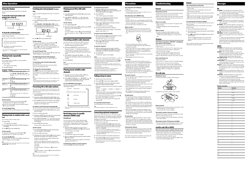 Other operations, Precautions, Troubleshooting | Messages | Sony ZS-SAT1 User Manual | Page 2 / 2