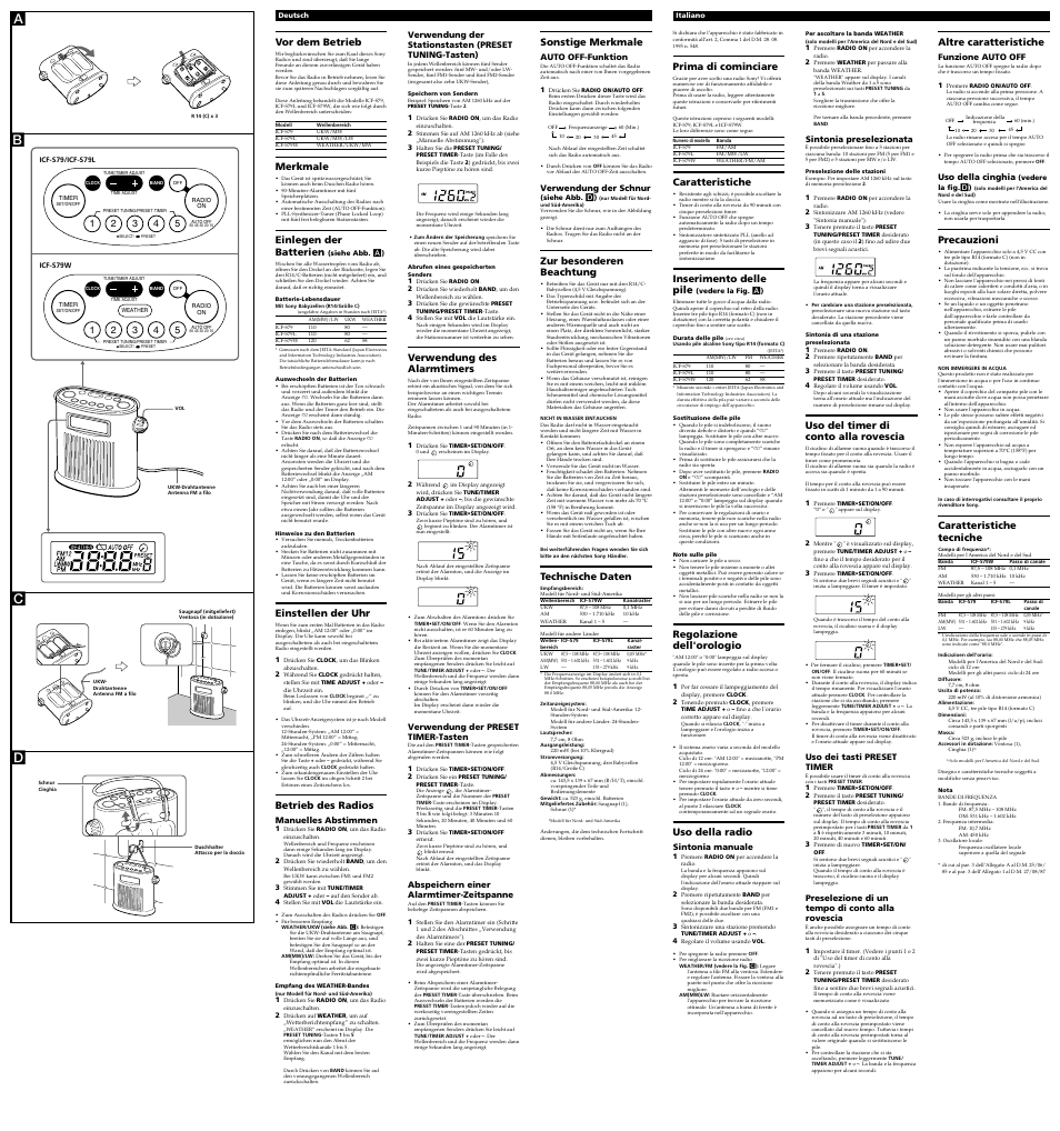 Ab c d, Vor dem betrieb, Merkmale | Einlegen der batterien, Einstellen der uhr, Betrieb des radios, Verwendung des alarmtimers, Sonstige merkmale, Zur besonderen beachtung, Technische daten | Sony ICF-S79W User Manual | Page 2 / 2