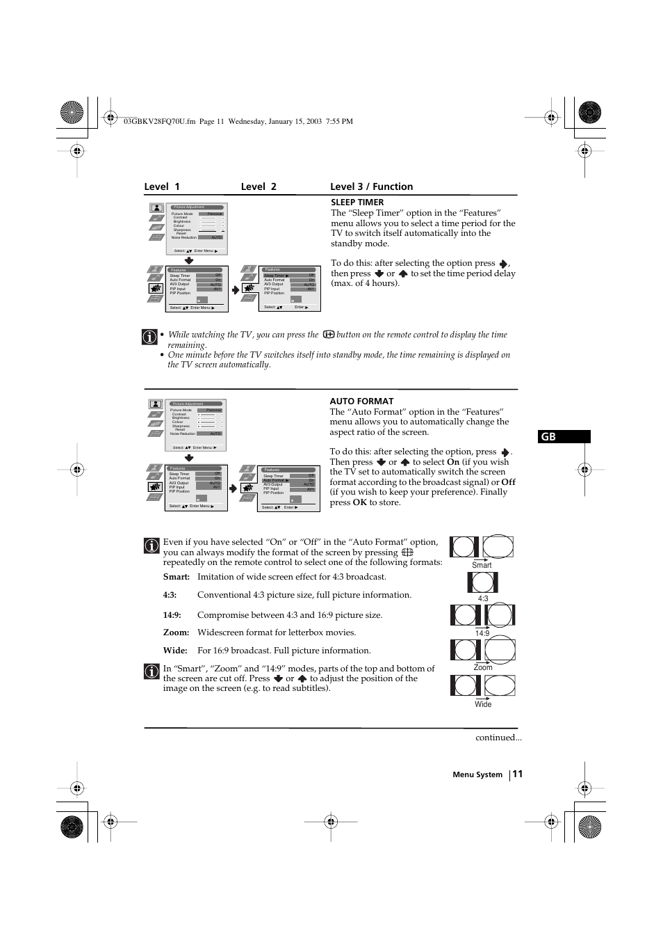 Level 1 level 2 level 3 / function | Sony FD Trinitron KV-32FQ70U User Manual | Page 11 / 28
