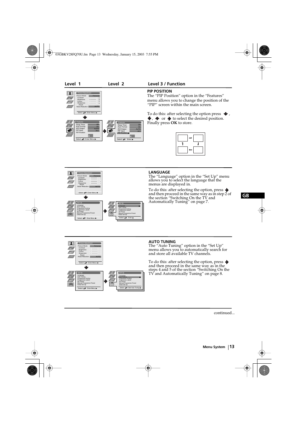 Level 1 level 2 level 3 / function | Sony FD Trinitron KV-32FQ70U User Manual | Page 13 / 28