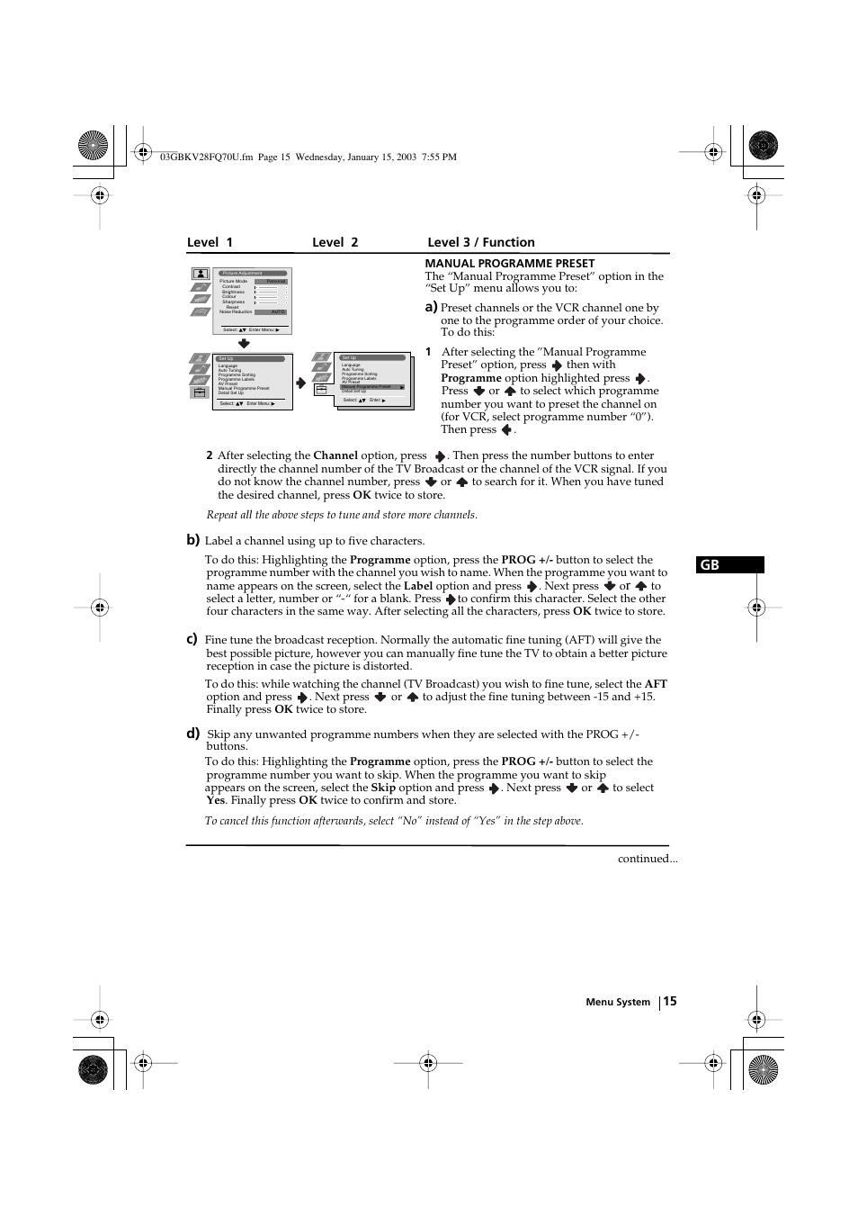 Level 1 level 2 level 3 / function | Sony FD Trinitron KV-32FQ70U User Manual | Page 15 / 28