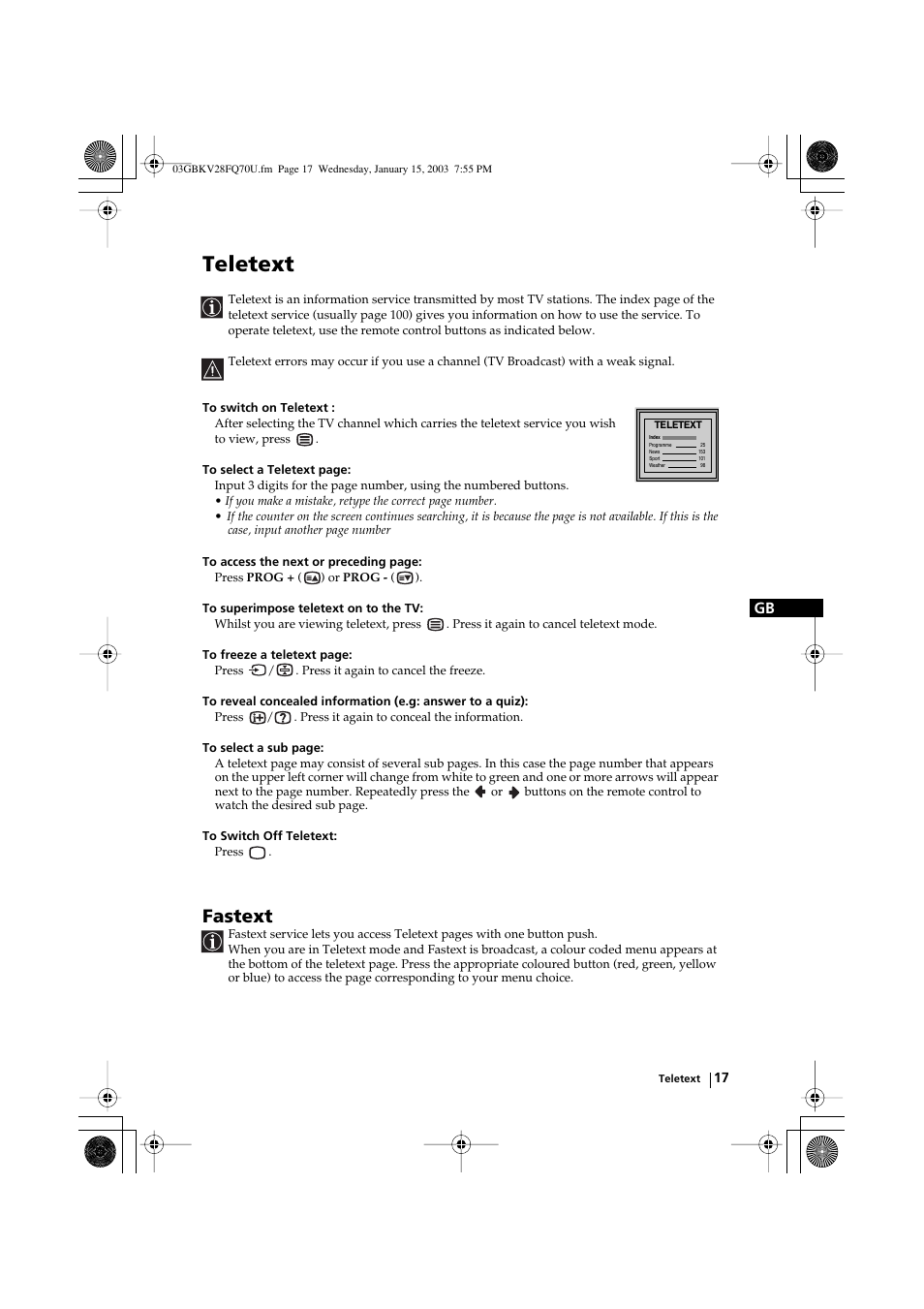 Teletext, Fastext | Sony FD Trinitron KV-32FQ70U User Manual | Page 17 / 28