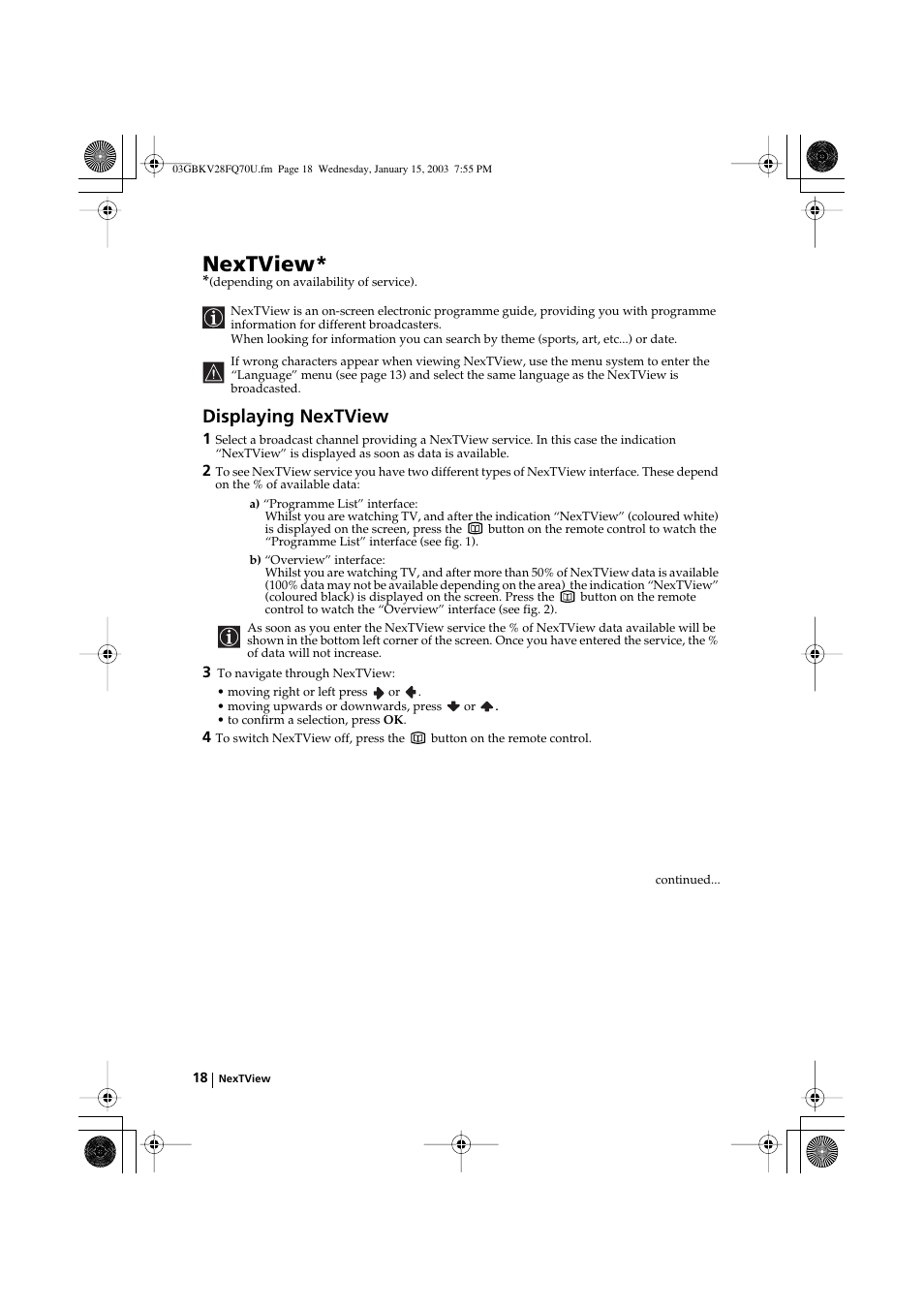 Nextview, Displaying nextview | Sony FD Trinitron KV-32FQ70U User Manual | Page 18 / 28