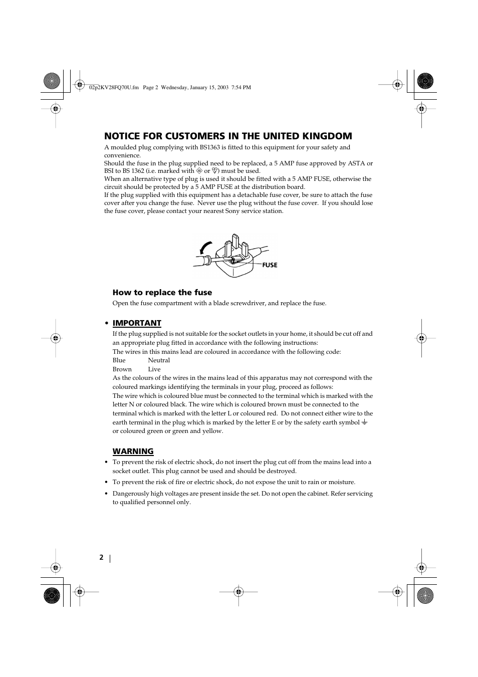 Notice for customers in the united kingdom | Sony FD Trinitron KV-32FQ70U User Manual | Page 2 / 28
