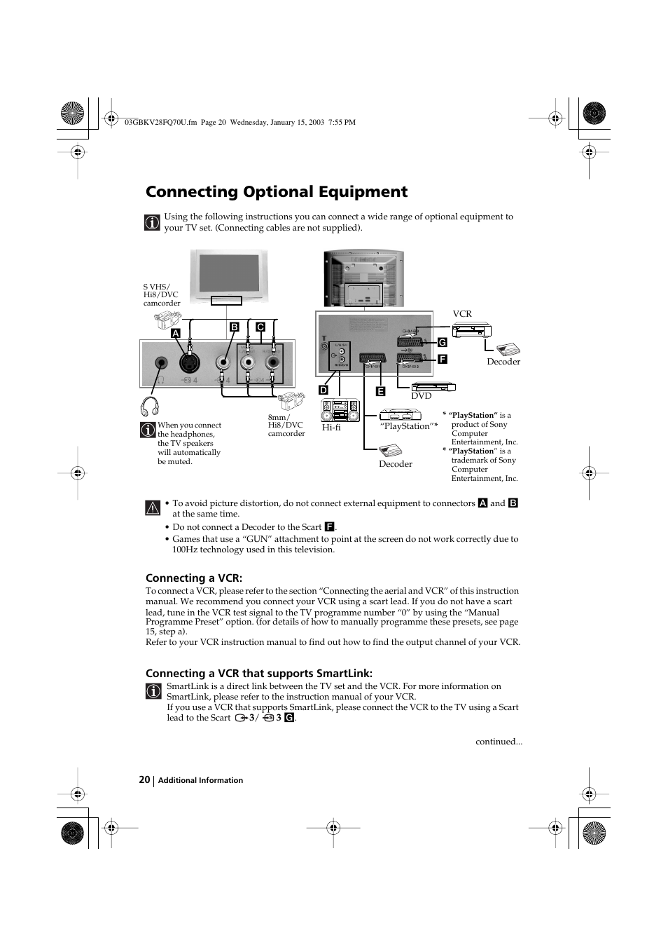 Connecting optional equipment, Connecting a vcr, Connecting a vcr that supports smartlink | Sony FD Trinitron KV-32FQ70U User Manual | Page 20 / 28